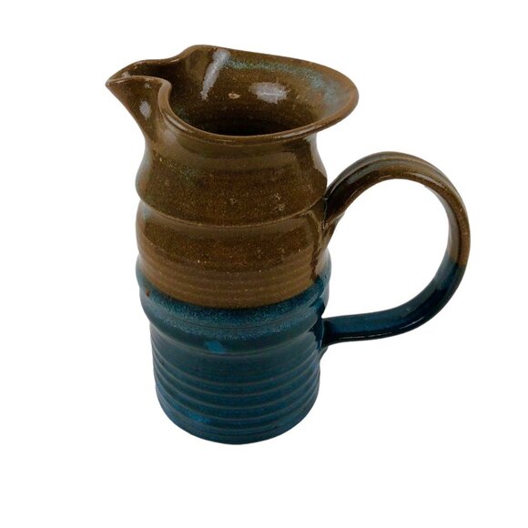 Art Studio Pottery Pitcher Blue Brown Color Block Handle Pour Spout Signed - Picture 1 of 10